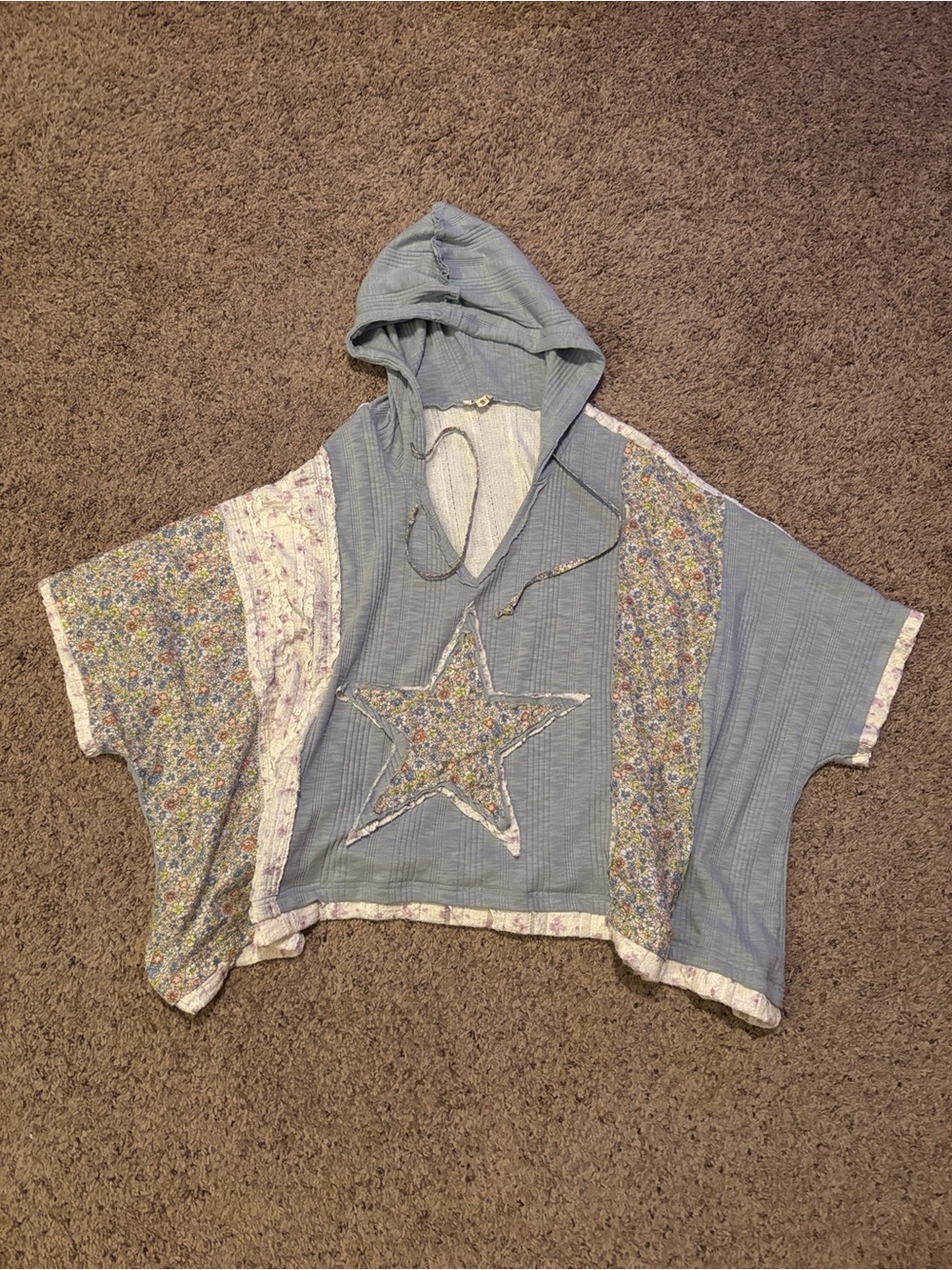 POL Blue Floral Patchwork Hooded Short Sleeve Top